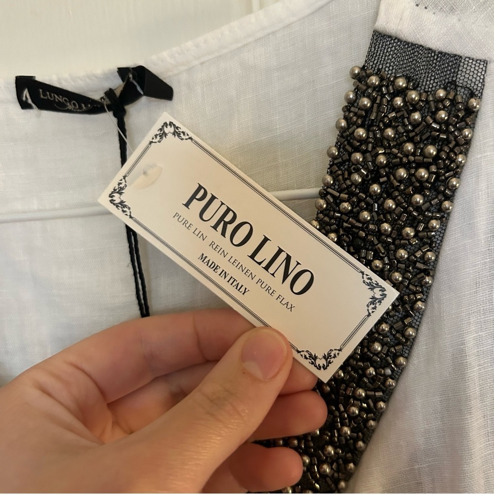 Lungo L'Arno NWT White Beaded 100% Linen Tank Blouse Made In Italy Size Small - Picture 9 of 13
